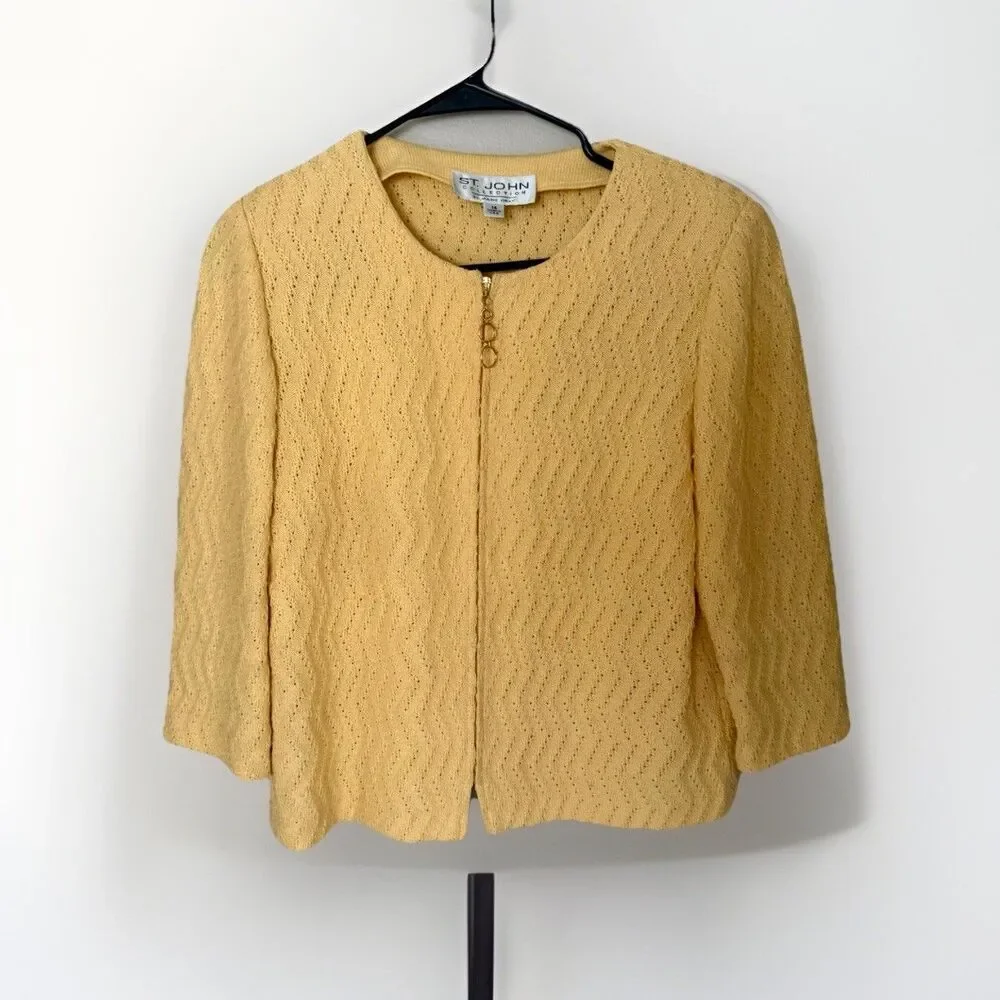 Size 14 ST JOHN 3/4 Sleeve Yellow Santana Knit Jacket, Unlined Full Zip - Picture 1 of 4